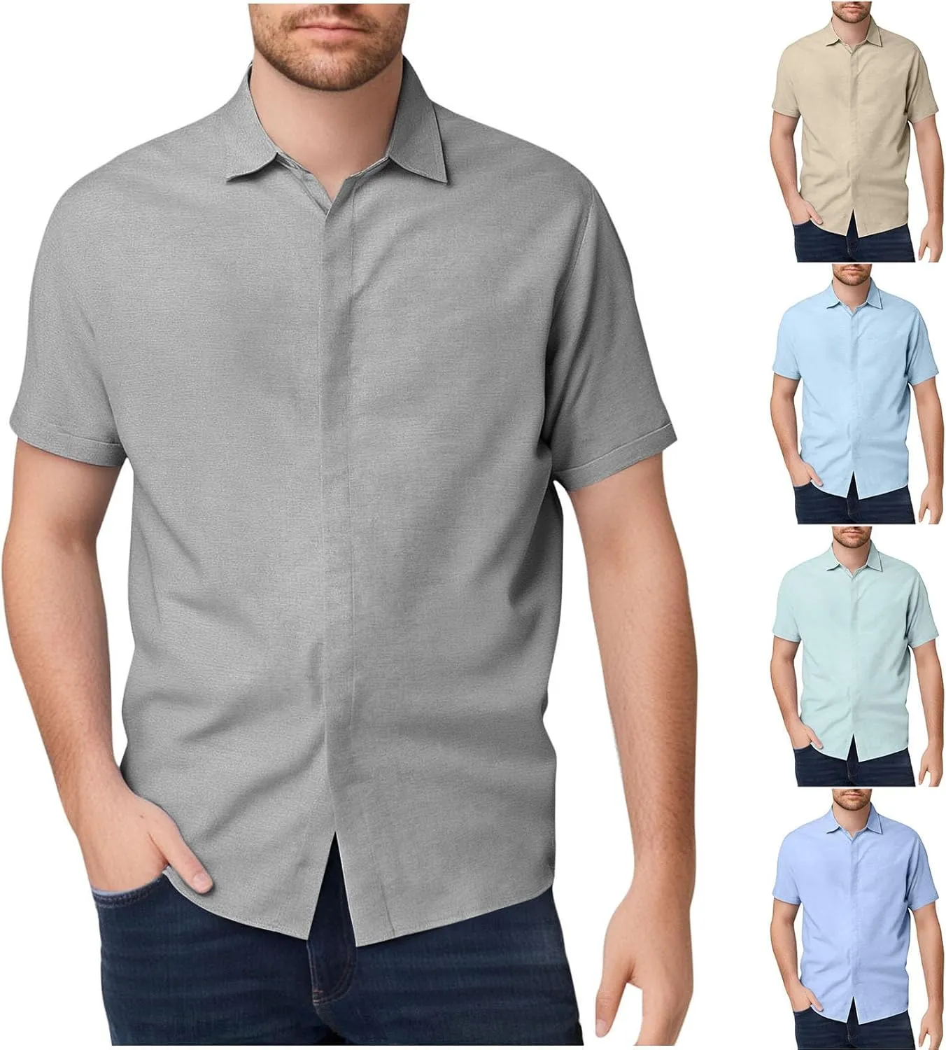 Cambkatl Men's Cotton Linen Loose Button Down Shirt Business Casual Short Sleeve Collared Summer Dress Shirts