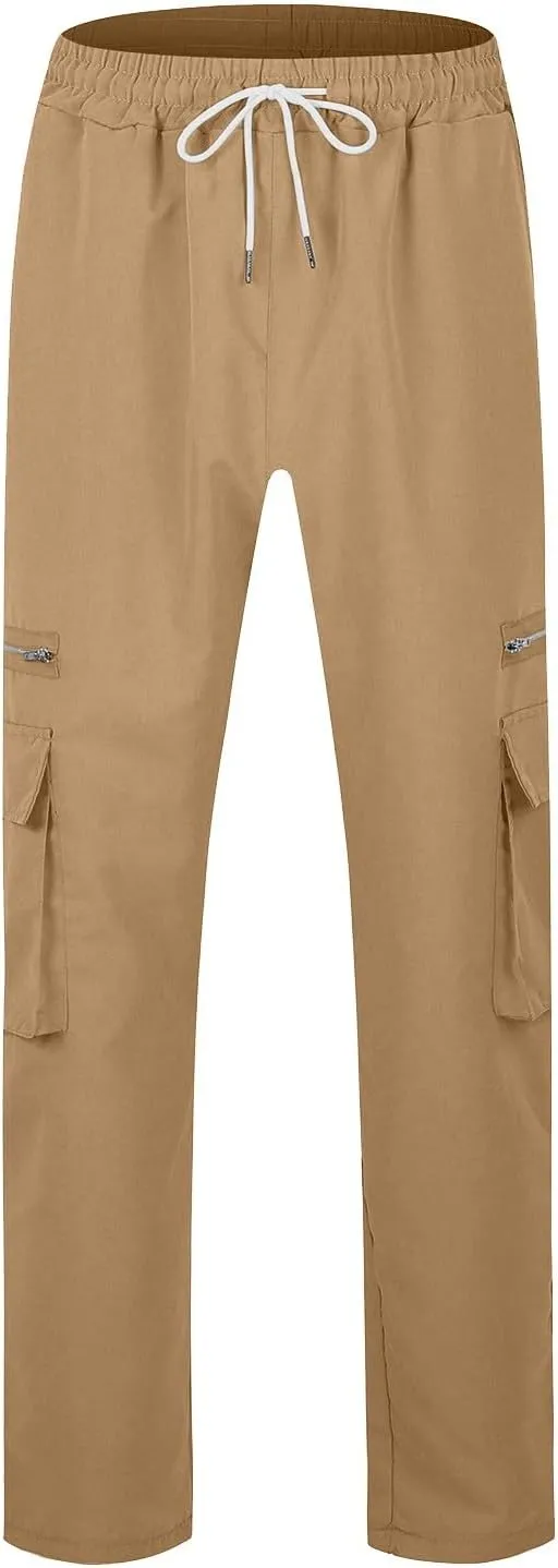 Cargo Pants for Men Casual Lightweight Elastic Waist Drawstring Trousers Work Multi Pockets Twill Joggers with Zipper