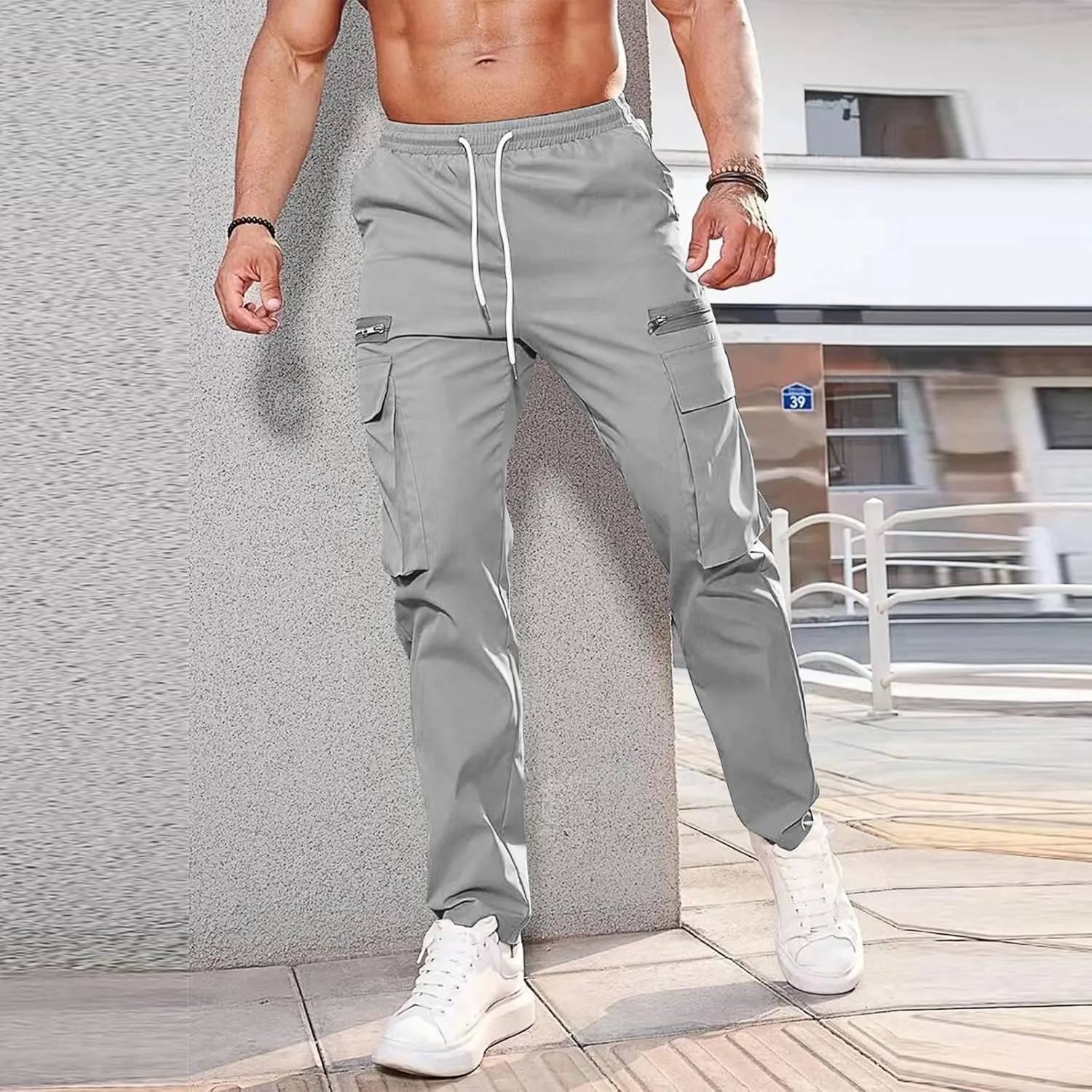 Cargo Pants for Men Casual Lightweight Elastic Waist Drawstring Trousers Work Multi Pockets Twill Joggers with Zipper