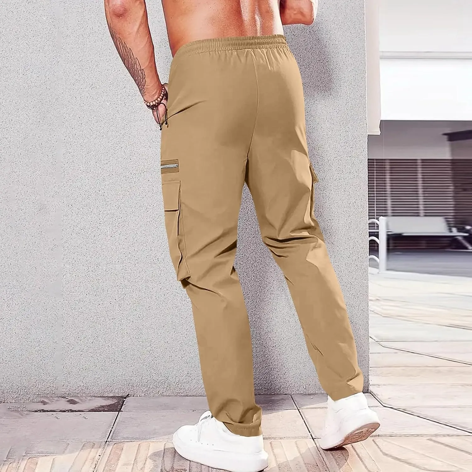 Cargo Pants for Men Casual Lightweight Elastic Waist Drawstring Trousers Work Multi Pockets Twill Joggers with Zipper