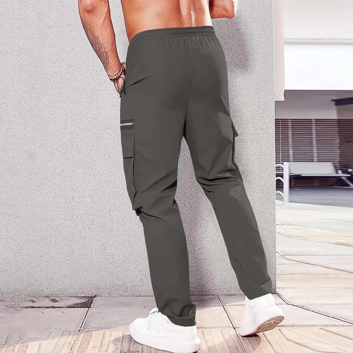 Cargo Pants for Men Casual Lightweight Elastic Waist Drawstring Trousers Work Multi Pockets Twill Joggers with Zipper