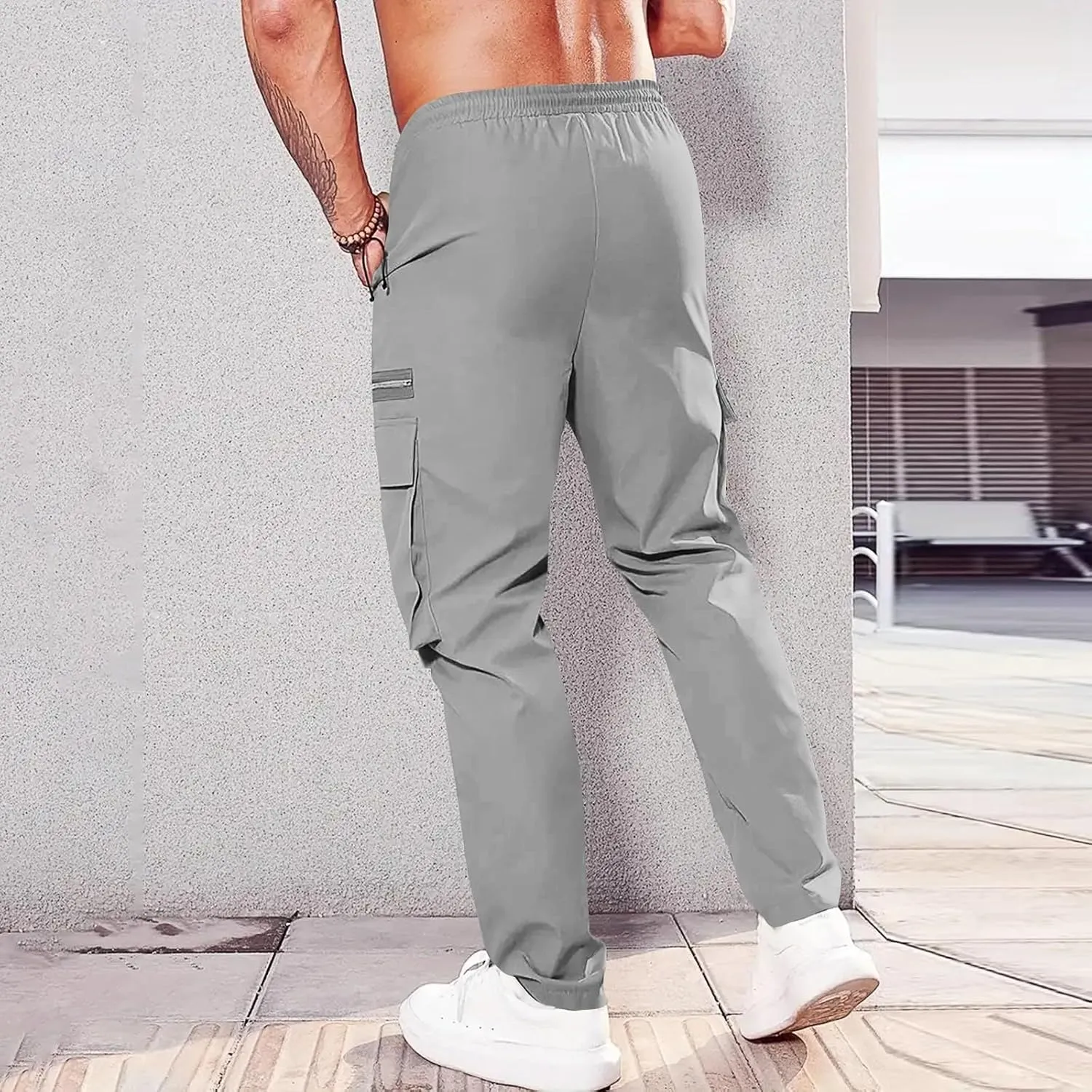 Cargo Pants for Men Casual Lightweight Elastic Waist Drawstring Trousers Work Multi Pockets Twill Joggers with Zipper