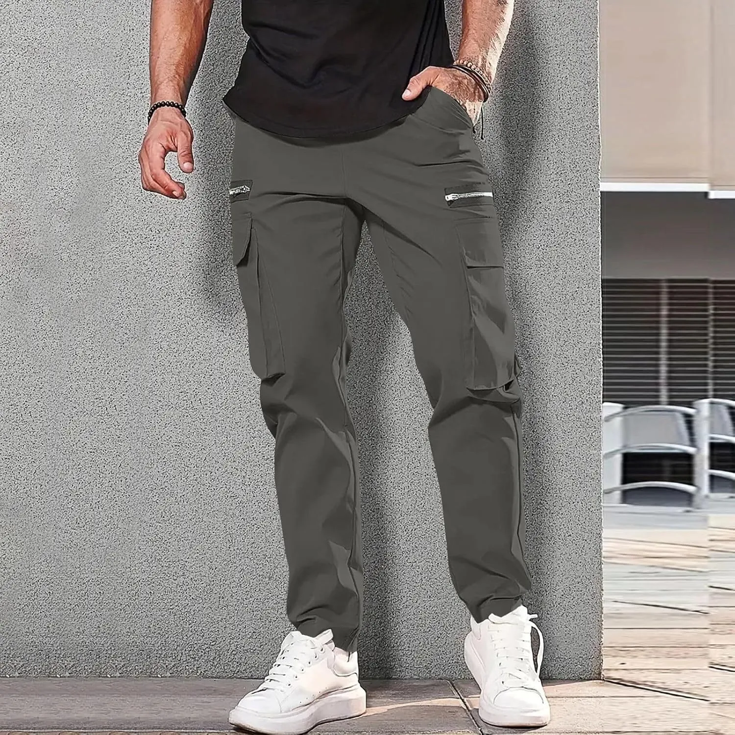 Cargo Pants for Men Casual Lightweight Elastic Waist Drawstring Trousers Work Multi Pockets Twill Joggers with Zipper