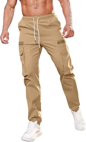 Cargo Pants for Men Casual Lightweight Elastic Waist Drawstring Trousers Work Multi Pockets Twill Joggers with Zipper