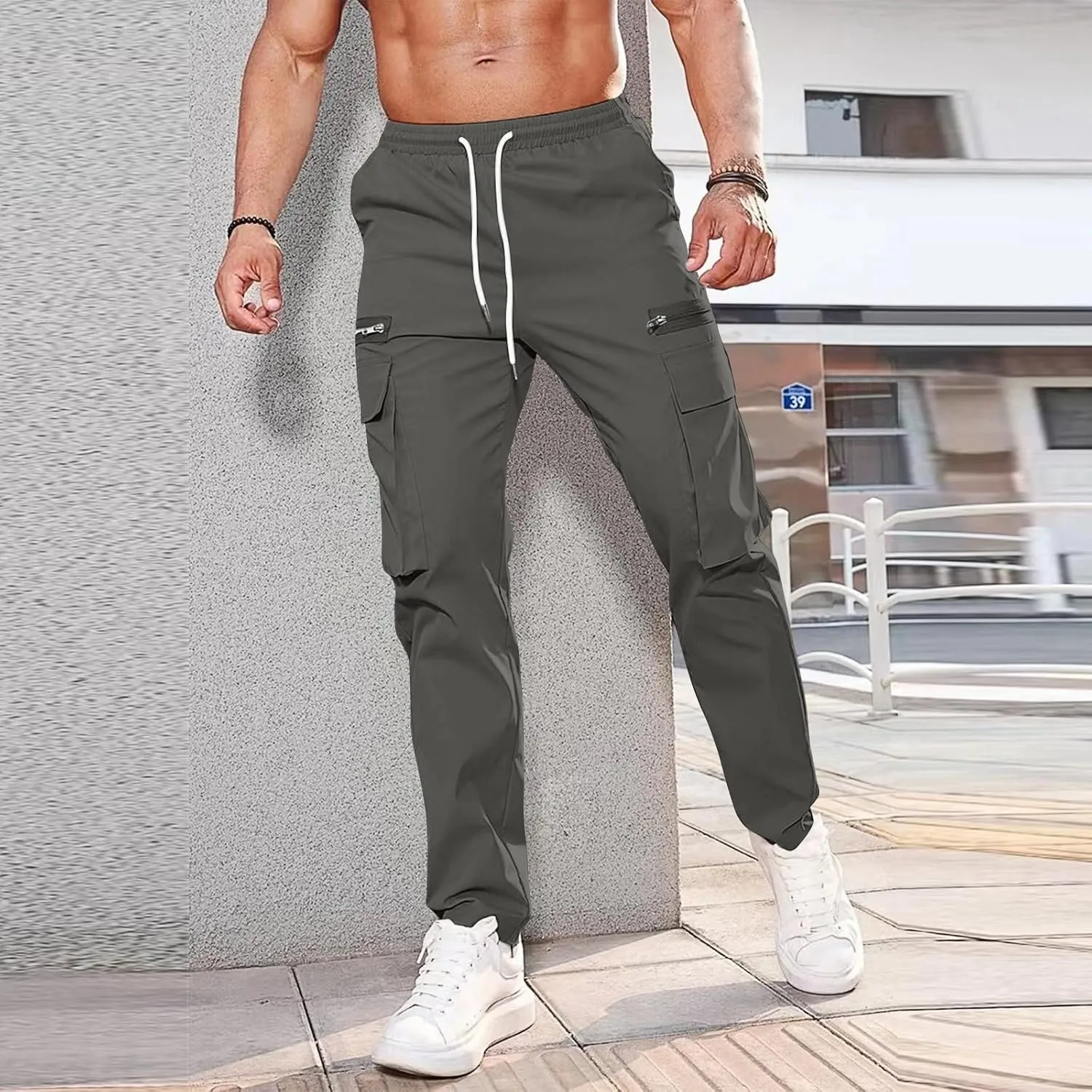 Cargo Pants for Men Casual Lightweight Elastic Waist Drawstring Trousers Work Multi Pockets Twill Joggers with Zipper