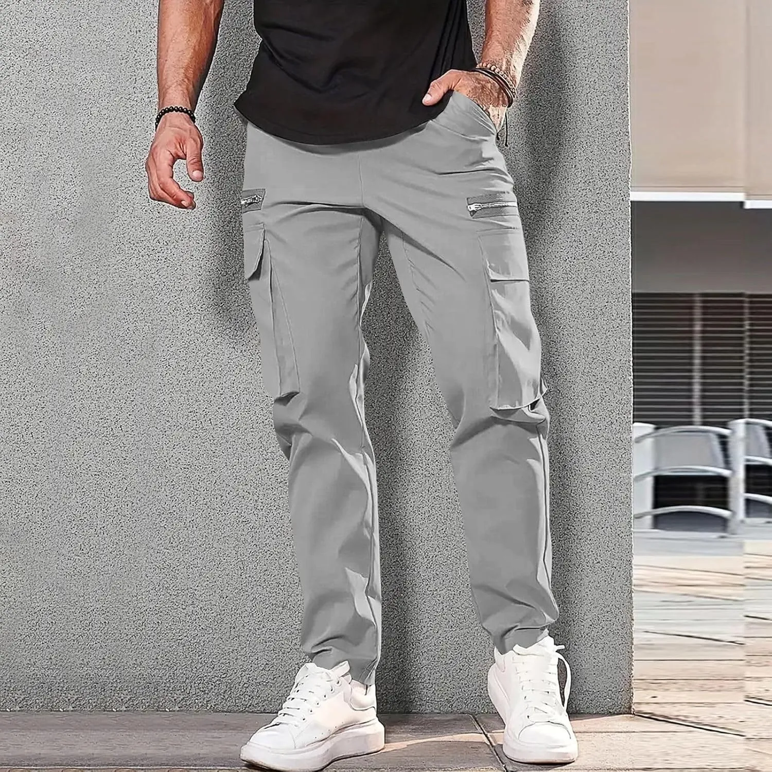 Cargo Pants for Men Casual Lightweight Elastic Waist Drawstring Trousers Work Multi Pockets Twill Joggers with Zipper