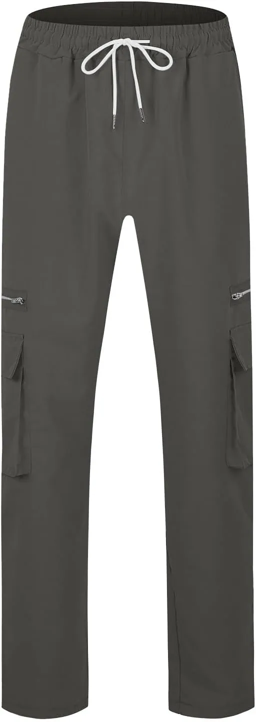 Cargo Pants for Men Casual Lightweight Elastic Waist Drawstring Trousers Work Multi Pockets Twill Joggers with Zipper