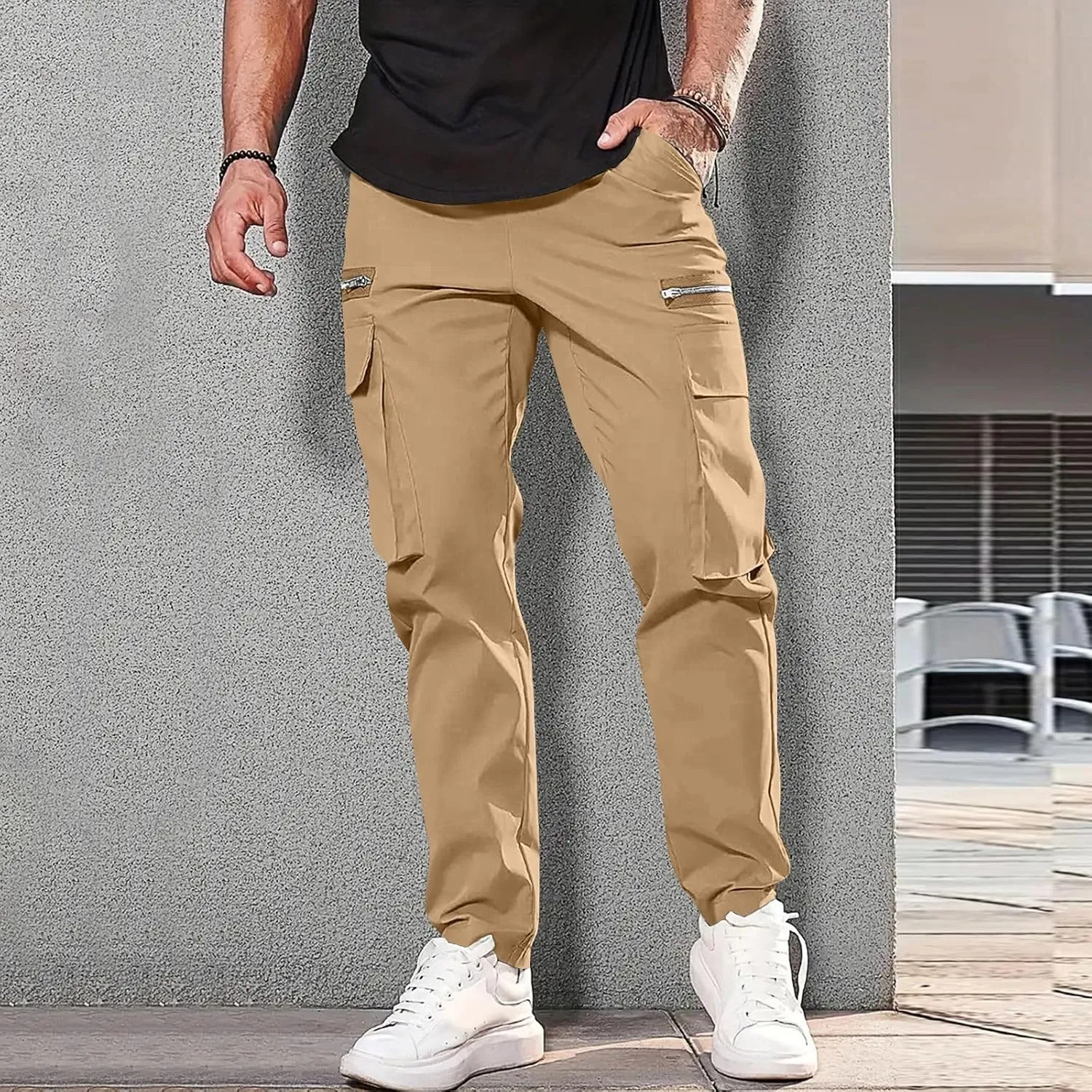 Cargo Pants for Men Casual Lightweight Elastic Waist Drawstring Trousers Work Multi Pockets Twill Joggers with Zipper