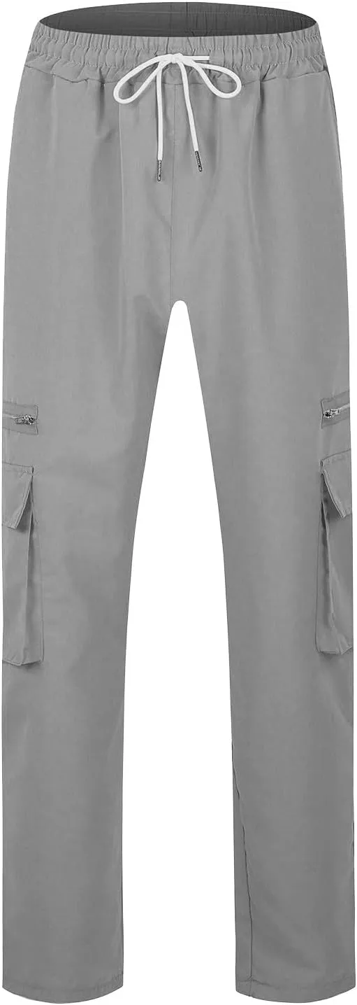 Cargo Pants for Men Casual Lightweight Elastic Waist Drawstring Trousers Work Multi Pockets Twill Joggers with Zipper