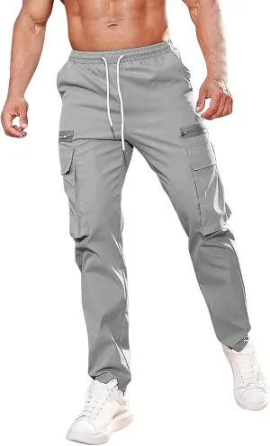 Cargo Pants for Men Casual Lightweight Elastic Waist Drawstring Trousers Work Multi Pockets Twill Joggers with Zipper