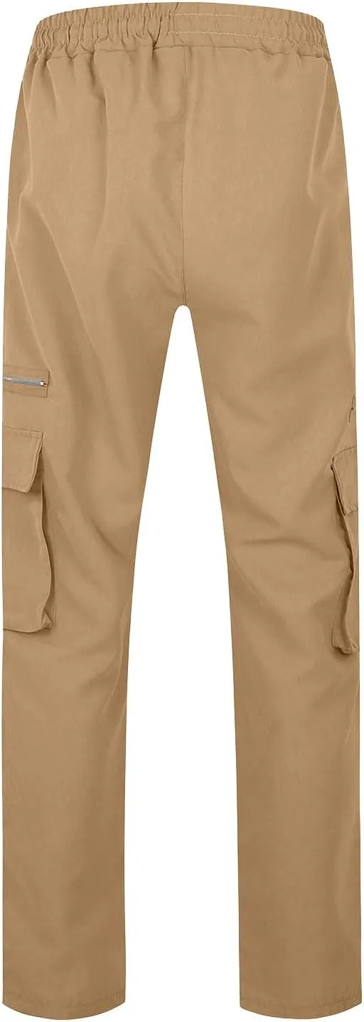 Cargo Pants for Men Casual Lightweight Elastic Waist Drawstring Trousers Work Multi Pockets Twill Joggers with Zipper