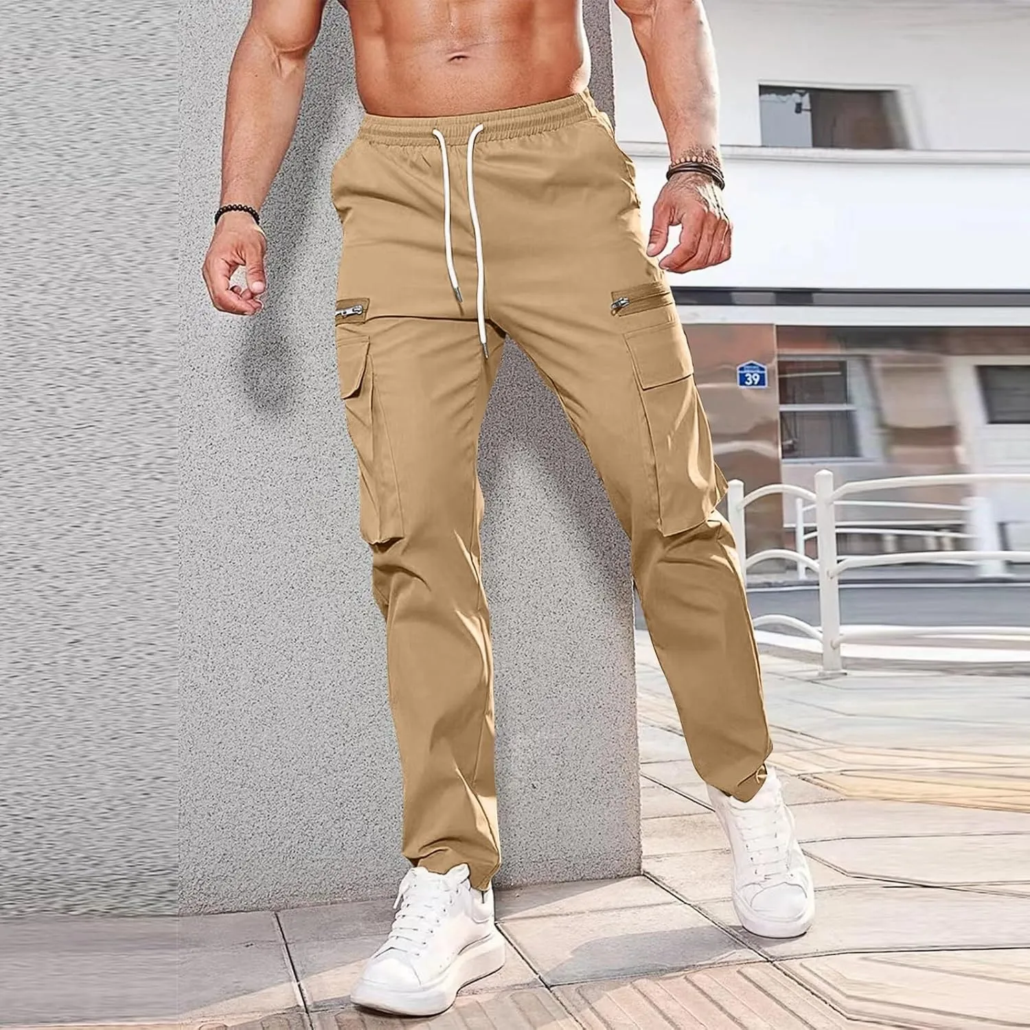 Cargo Pants for Men Casual Lightweight Elastic Waist Drawstring Trousers Work Multi Pockets Twill Joggers with Zipper