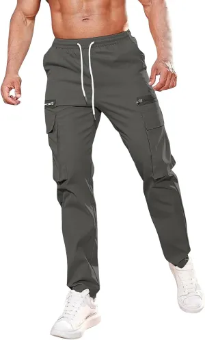 Cargo Pants for Men Casual Lightweight Elastic Waist Drawstring Trousers Work Multi Pockets Twill Joggers with Zipper