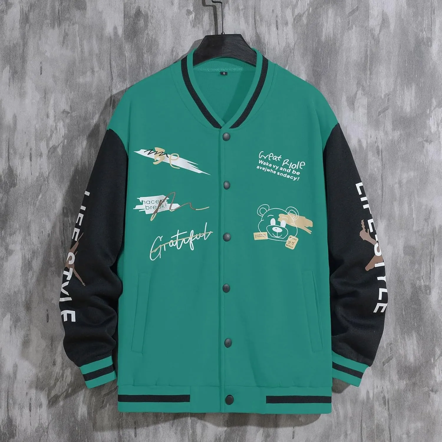 Casual Hip Hop Baseball Jackets for Men Funky Long Sleeve Graphic Bomber Coats Patchwork Varsity College Jackets