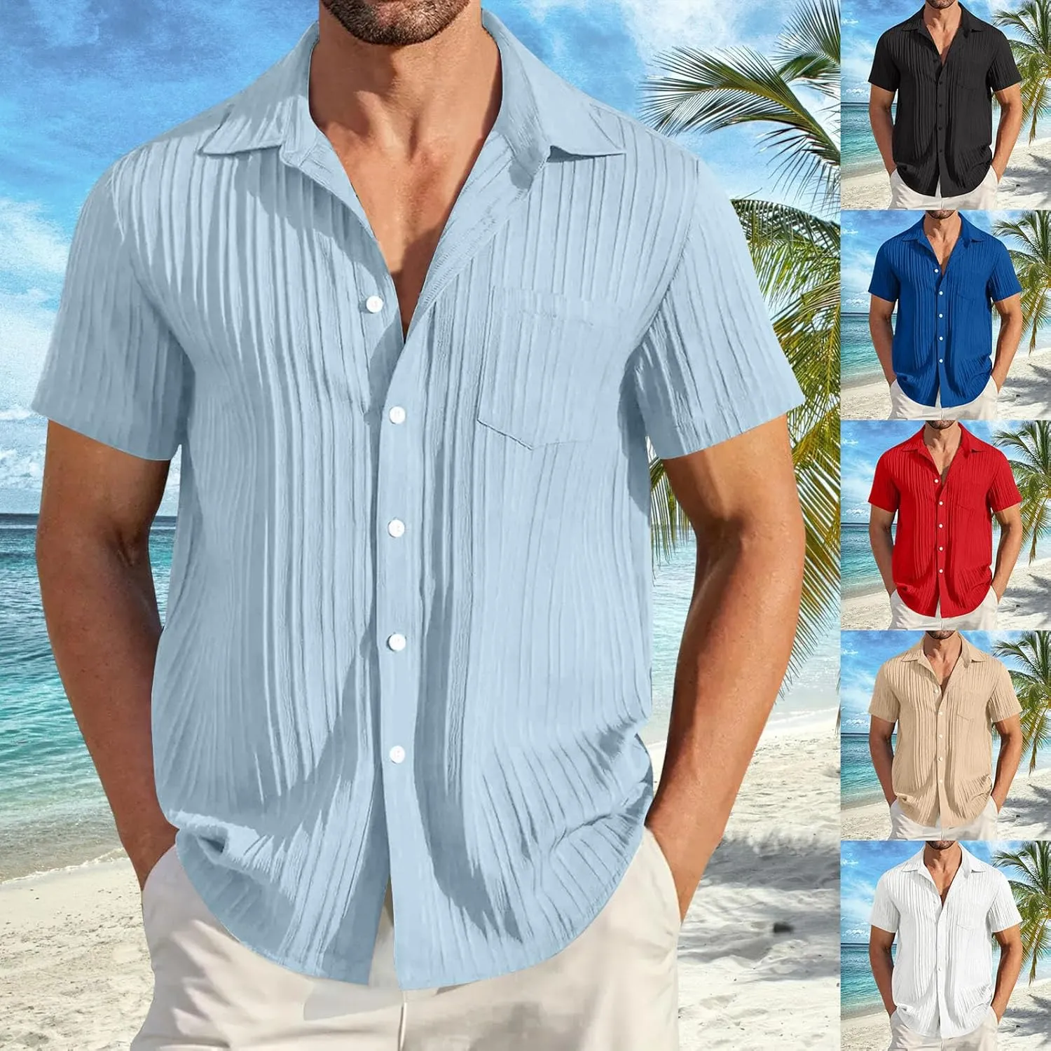 Cathalem Linen Shirts for Men, Men's Casual Button Down Shirts Short Sleeve Textured Summer Beach Shirt with Pocket