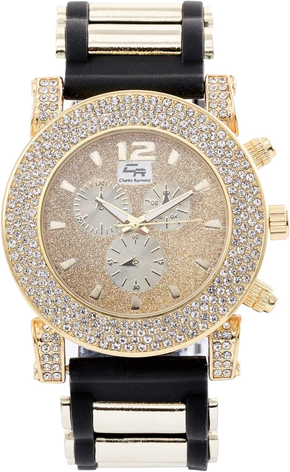 Charles Raymond Iced Oversized Hip Hop Bullet Rubber Band Mens Watch, That Shows Your Lust for Life - GJM0586 (ST10248 Black Gold)