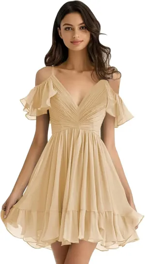 Chiffon Short Bridesmaid Dresses Off Shoulder V Neck Ruffle Ruched Pleated Summer Formal Dress