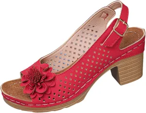 Chunky Heel Sandals for Women Comfortable Hollow Out Slip-On Sandals Open Toe Ankle Strap Chunky High Heels Lightweight Peep Flowers Sandal Beach Shoes