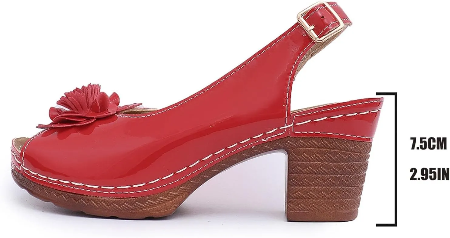 Chunky Heel Sandals for Women Open Toe Ankle Strap Heeled Sandals, Dressy Flower Fish Mouth Wedges Summer Casual Comfortable Dress Shoes All Day Comfort
