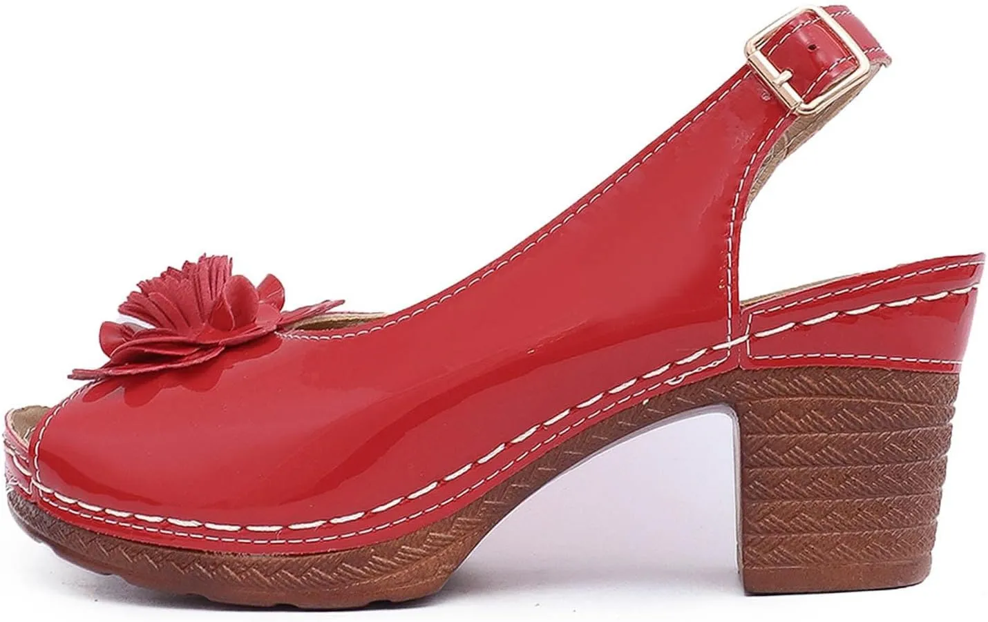 Chunky Heel Sandals for Women Open Toe Ankle Strap Heeled Sandals, Dressy Flower Fish Mouth Wedges Summer Casual Comfortable Dress Shoes All Day Comfort