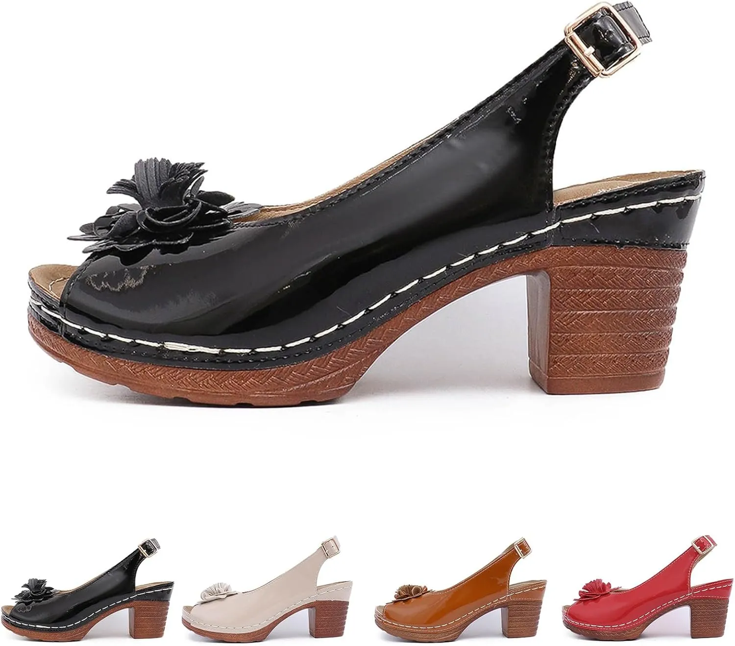 Chunky Heel Sandals for Women Open Toe Ankle Strap Heeled Sandals, Dressy Flower Fish Mouth Wedges Summer Casual Comfortable Dress Shoes All Day Comfort