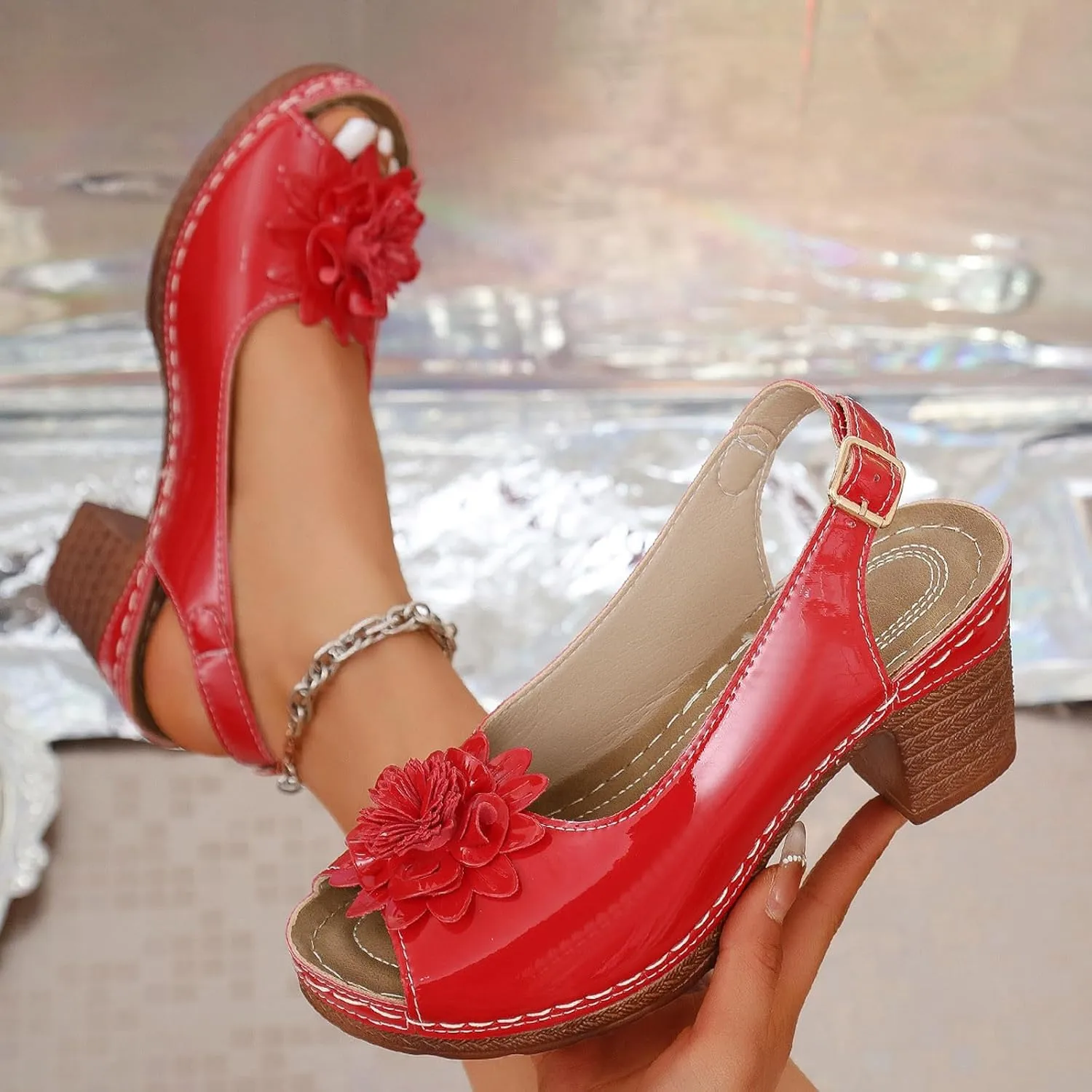 Chunky Heel Sandals for Women Open Toe Ankle Strap Heeled Sandals, Dressy Flower Fish Mouth Wedges Summer Casual Comfortable Dress Shoes All Day Comfort
