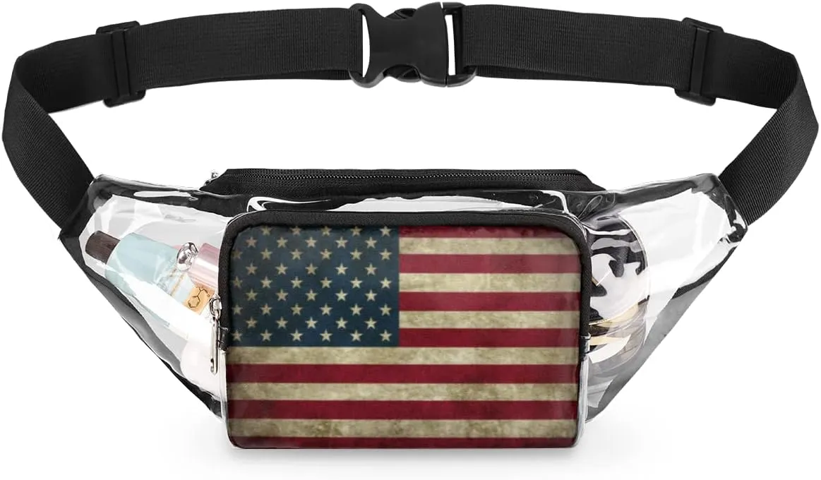 Clear Fanny Pack Stadium Approved Adjustable America Flag Clear Belt Bag Cute Waist Pouch for Women Men Travel Sports Events Hiking Concerts