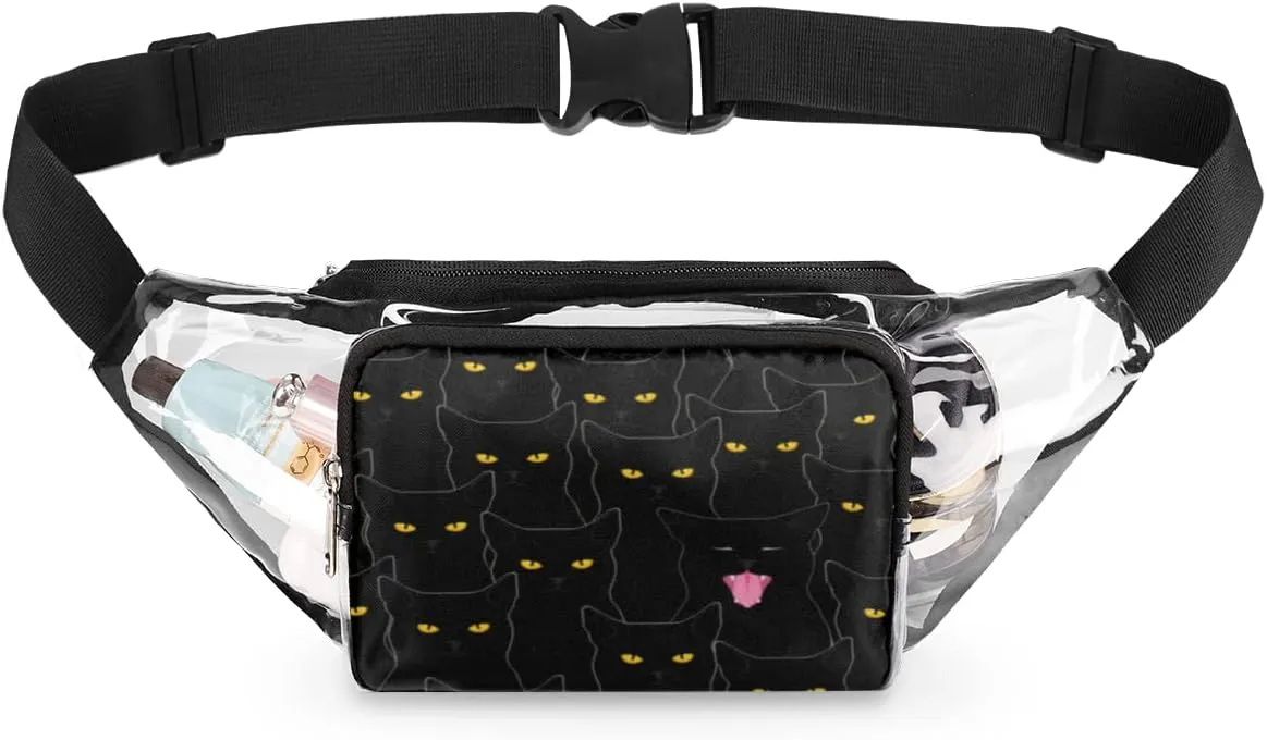 Clear Fanny Pack Stadium Approved Adjustable Black Cat Clear Belt Bag Cute Waist Pouch for Women Men Travel Sports Events Hiking Concerts
