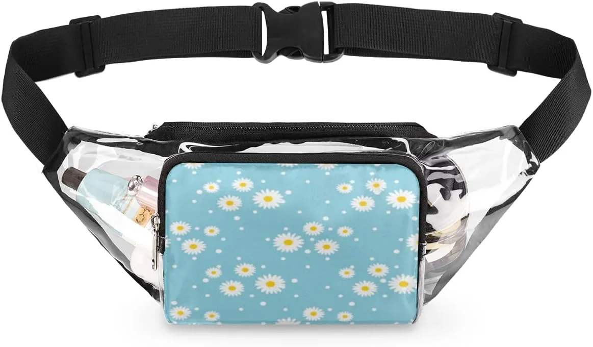 Clear Fanny Pack Stadium Approved Adjustable Blue Daisy Clear Belt Bag Cute Waist Pouch for Women Men Travel Sports Events Hiking Concerts
