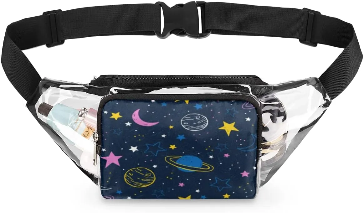 Clear Fanny Pack Stadium Approved Adjustable Cartoon Galaxy Clear Belt Bag Cute Waist Pouch for Women Men Travel Sports Events Hiking Concerts