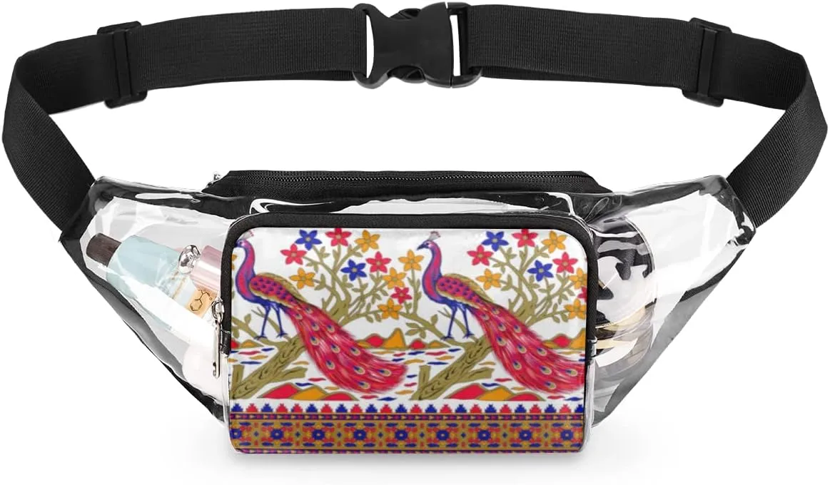 Clear Fanny Pack Stadium Approved Adjustable Color Peacock Flower Clear Belt Bag Cute Waist Pouch for Women Men Travel Sports Events Hiking Concerts