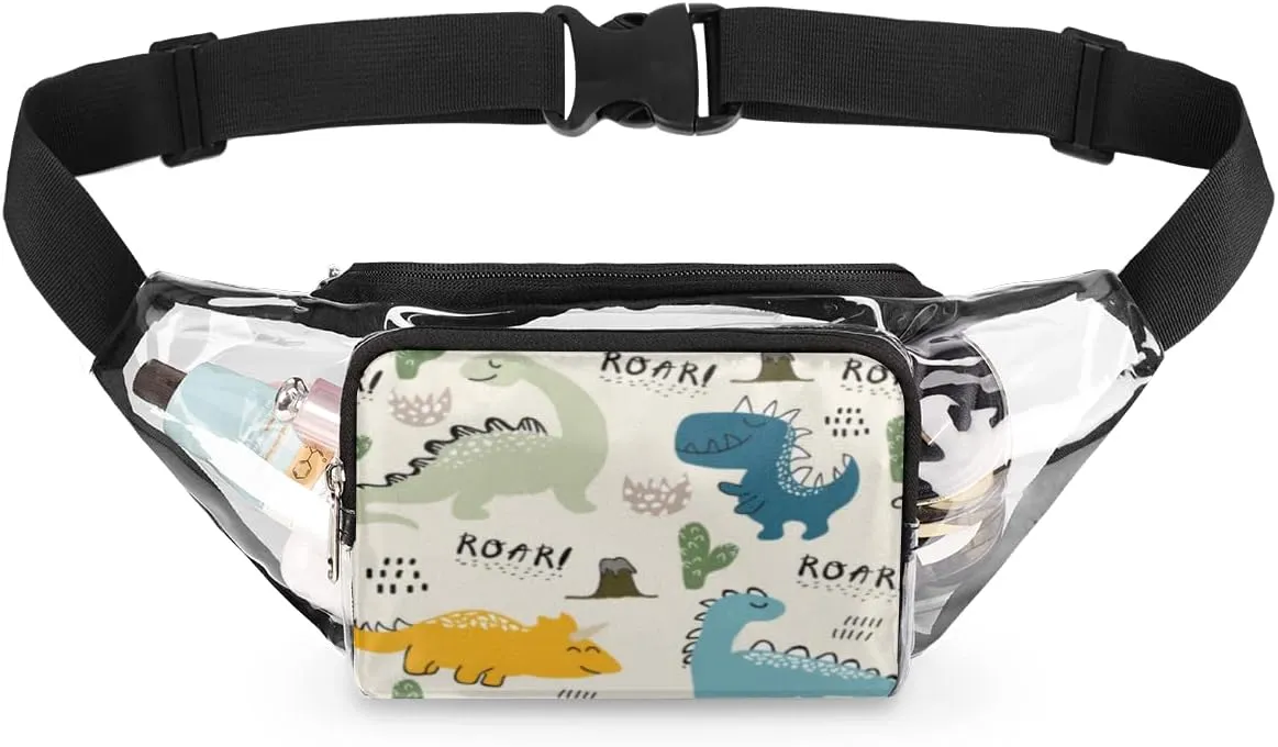 Clear Fanny Pack Stadium Approved Adjustable Dinosaur Seamless Pattern Clear Belt Bag Cute Waist Pouch for Women Men Travel Sports Events Hiking Concerts