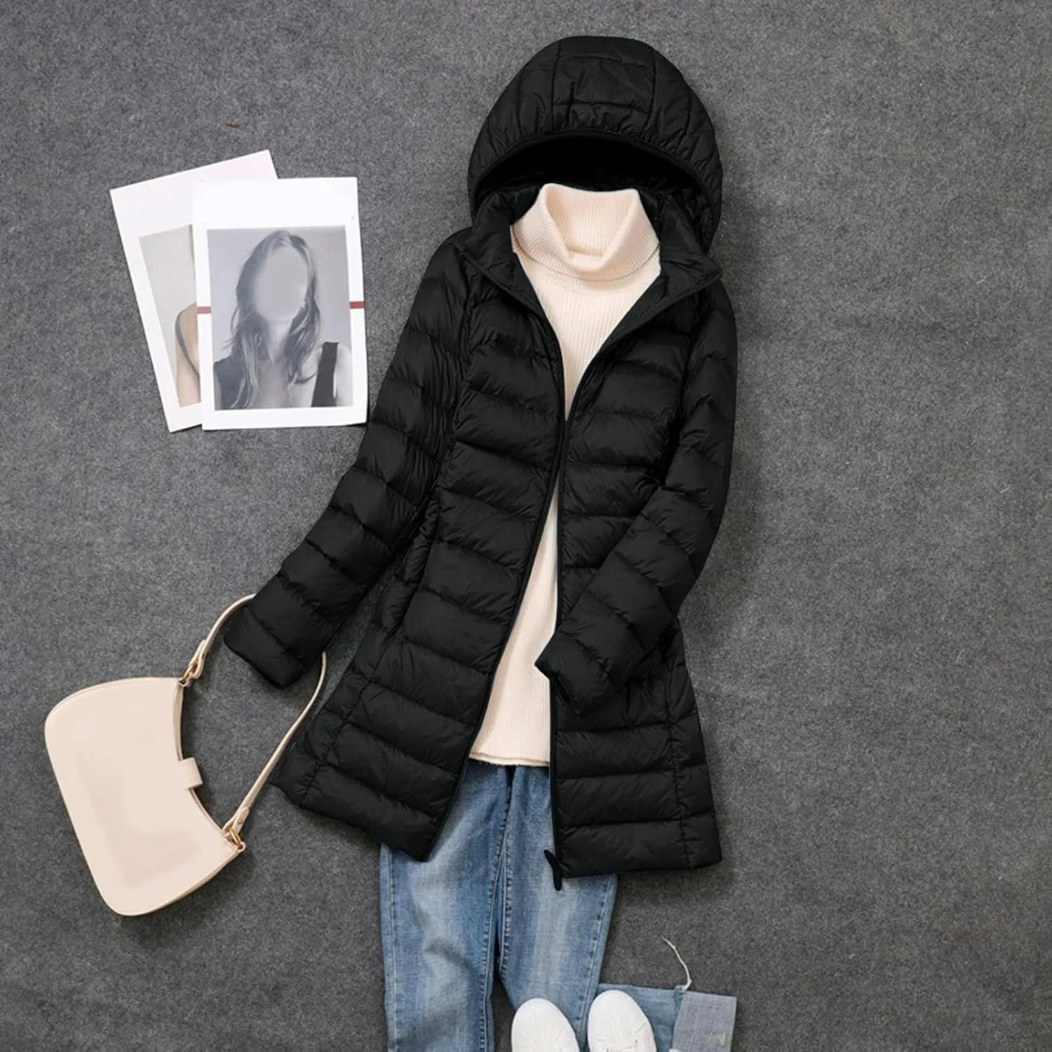 cooki Puffer Jacket Womens Packable Long Slim Fit Lightweight Hooded Down Jacket Quilted Puffer Winter Coats for Women