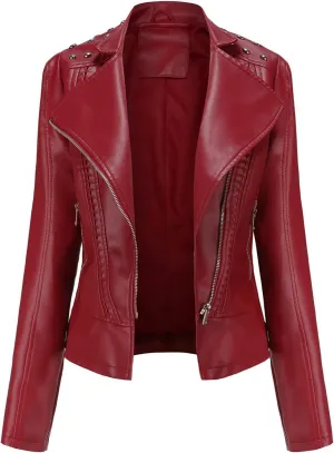 cooki Women's Fashion Slim Fit Zip up Faux Leather Biker Jacket Faux Leather Moto Jacket Casual Short PU Biker Coats