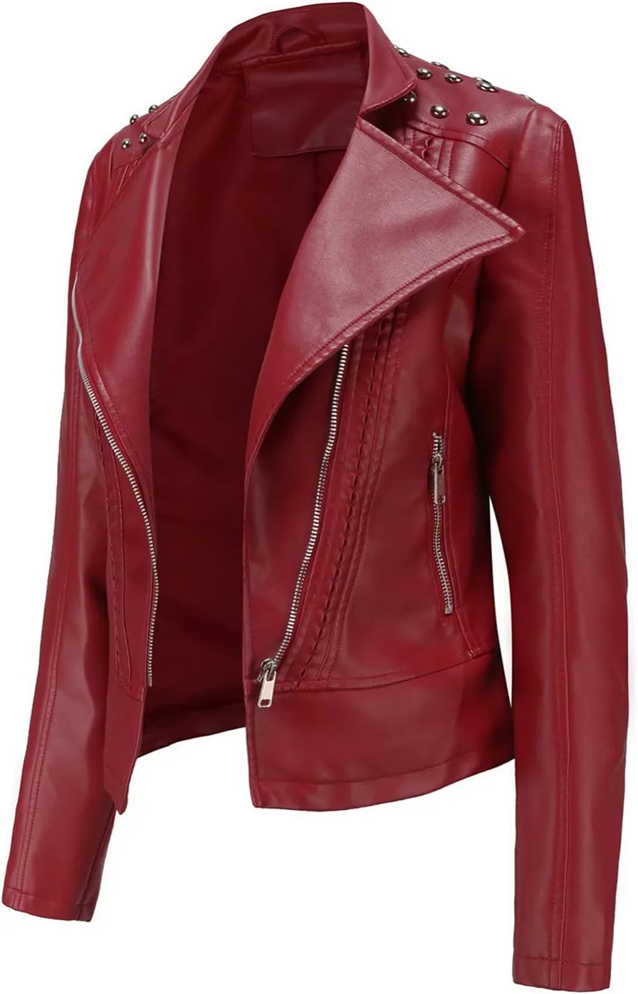 cooki Women's Fashion Slim Fit Zip up Faux Leather Biker Jacket Faux Leather Moto Jacket Casual Short PU Biker Coats