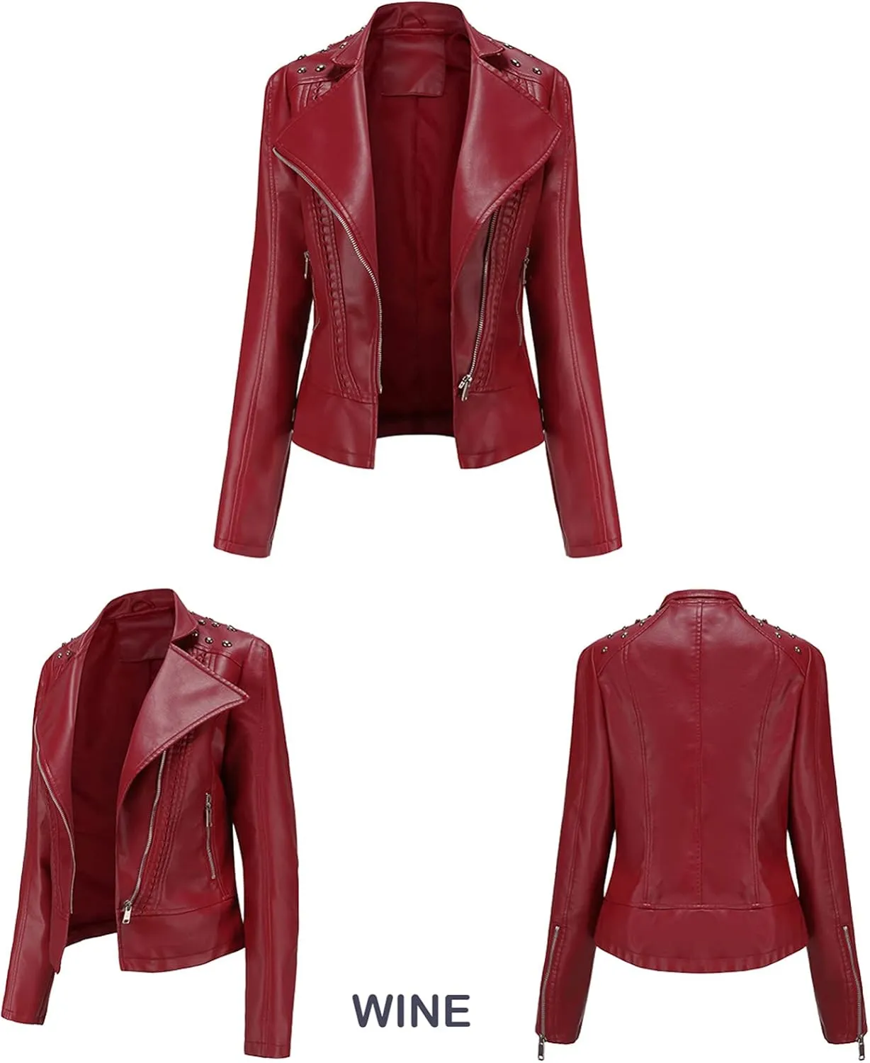 cooki Women's Fashion Slim Fit Zip up Faux Leather Biker Jacket Faux Leather Moto Jacket Casual Short PU Biker Coats