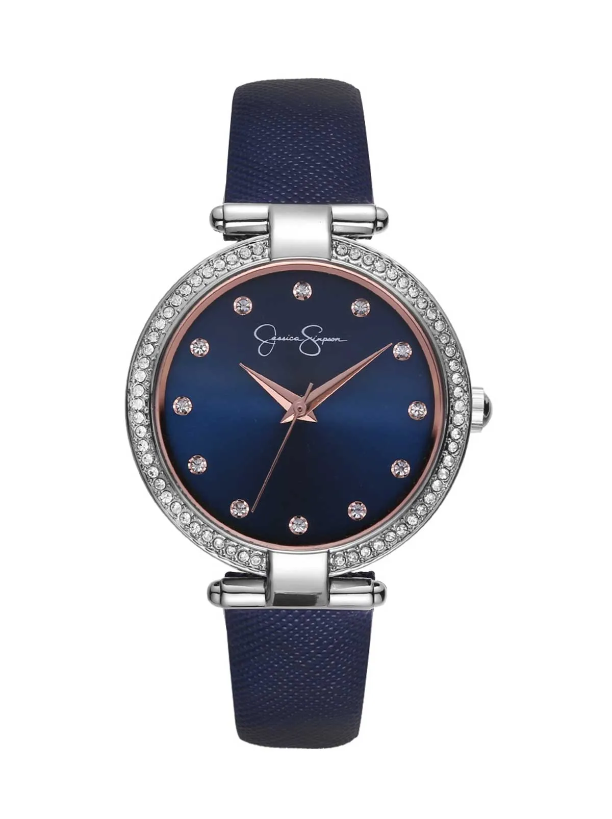 Crystal Bezel Navy Strap Watch in Silver Tone