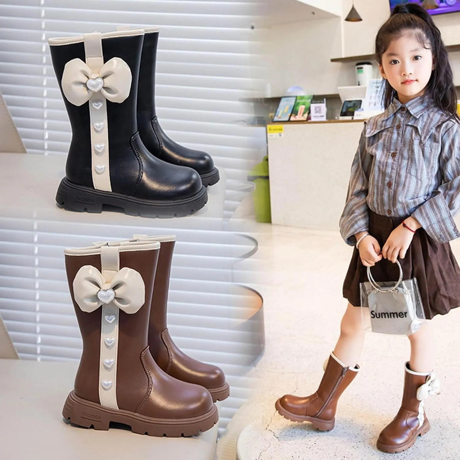 Cute Bowknot Mid Calf Riding Boots for Girls Kids Waterroof Non Slip Outdoor Sweet Leather Princess Dress Shoes