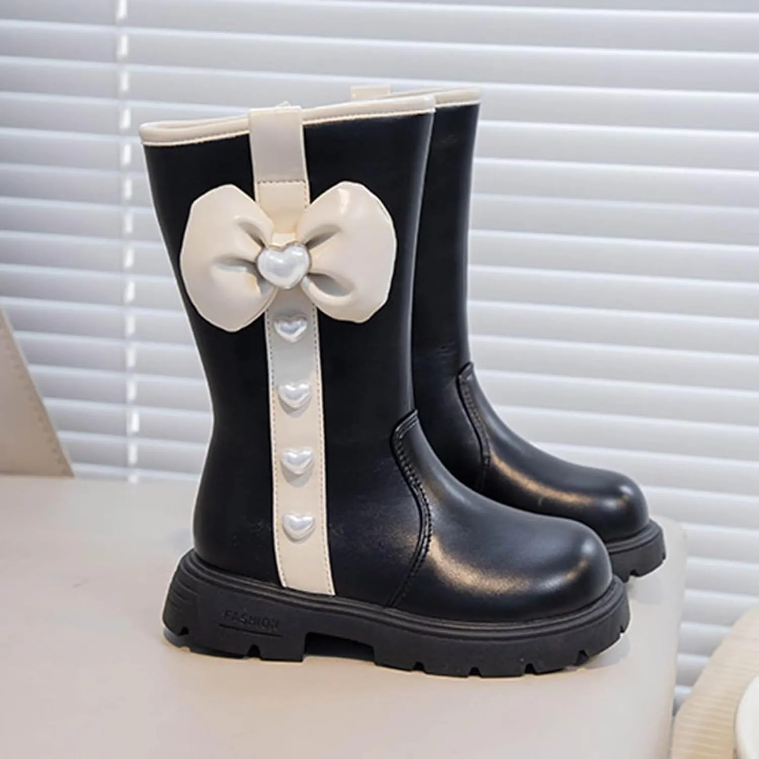 Cute Bowknot Mid Calf Riding Boots for Girls Kids Waterroof Non Slip Outdoor Sweet Leather Princess Dress Shoes