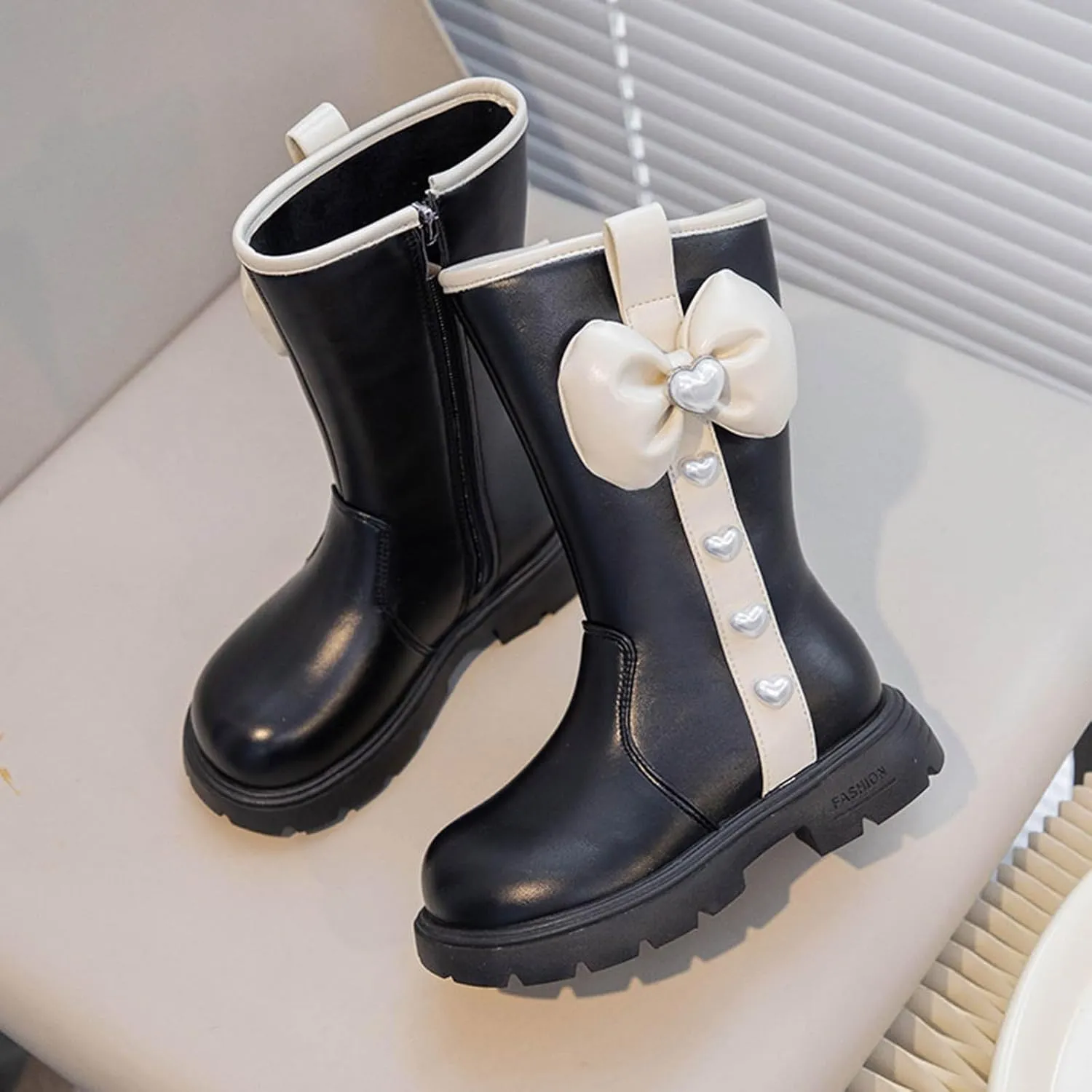 Cute Bowknot Mid Calf Riding Boots for Girls Kids Waterroof Non Slip Outdoor Sweet Leather Princess Dress Shoes