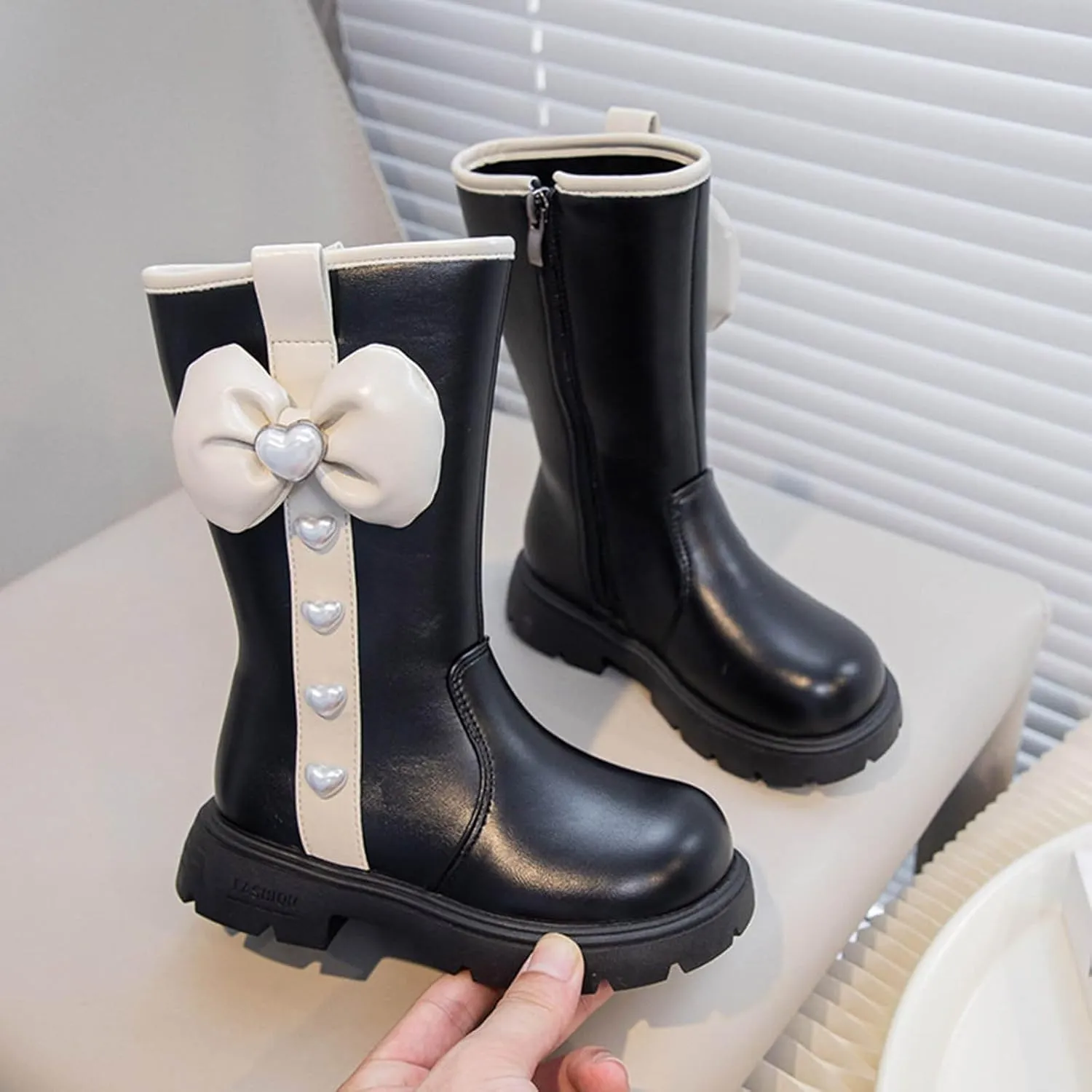 Cute Bowknot Mid Calf Riding Boots for Girls Kids Waterroof Non Slip Outdoor Sweet Leather Princess Dress Shoes