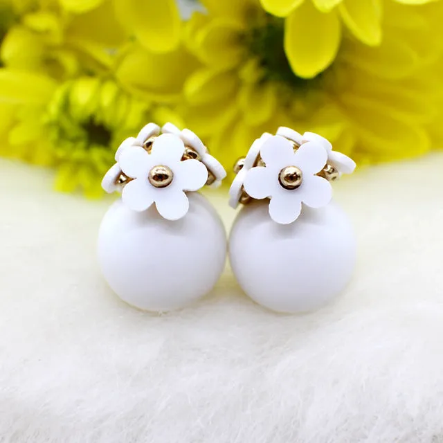 cute Flower Front Back simulated pearl stud Earring Pendientes ball two Double Sided Earrings brincos Pending jewelry For Women