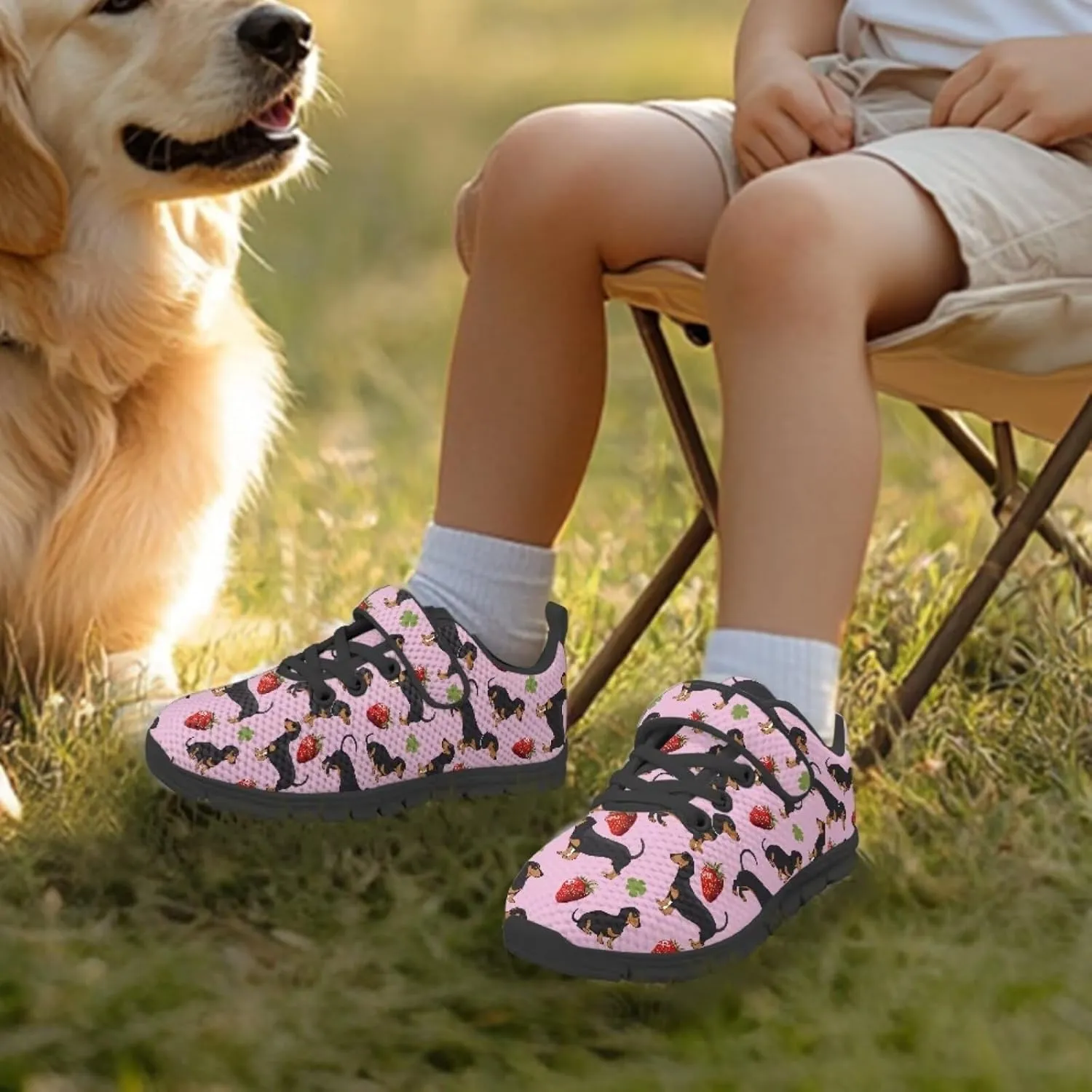 Dog Print Tennis Shoes with Hook & Loop for Kids Non Slip Breathable Strap Athletic Running Shoes for Walking