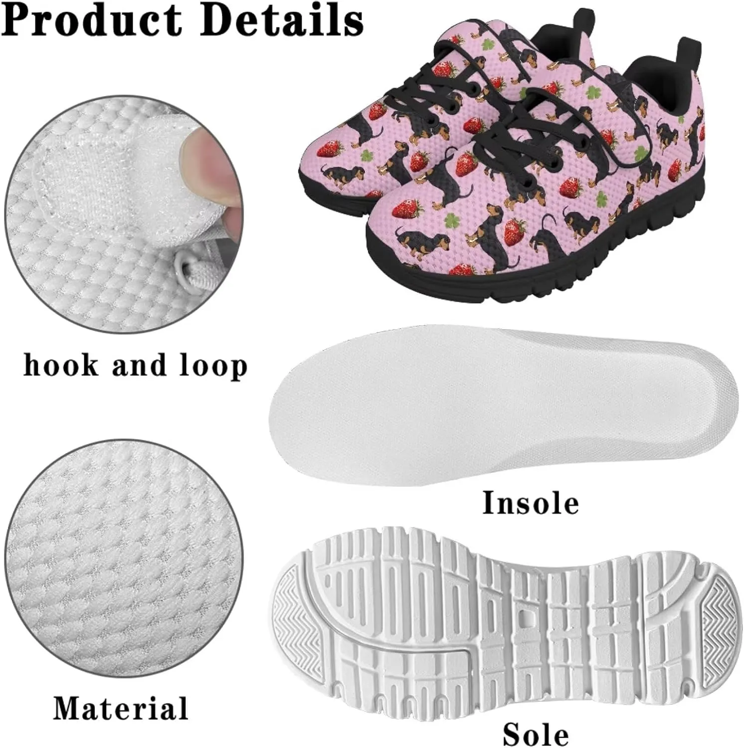Dog Print Tennis Shoes with Hook & Loop for Kids Non Slip Breathable Strap Athletic Running Shoes for Walking