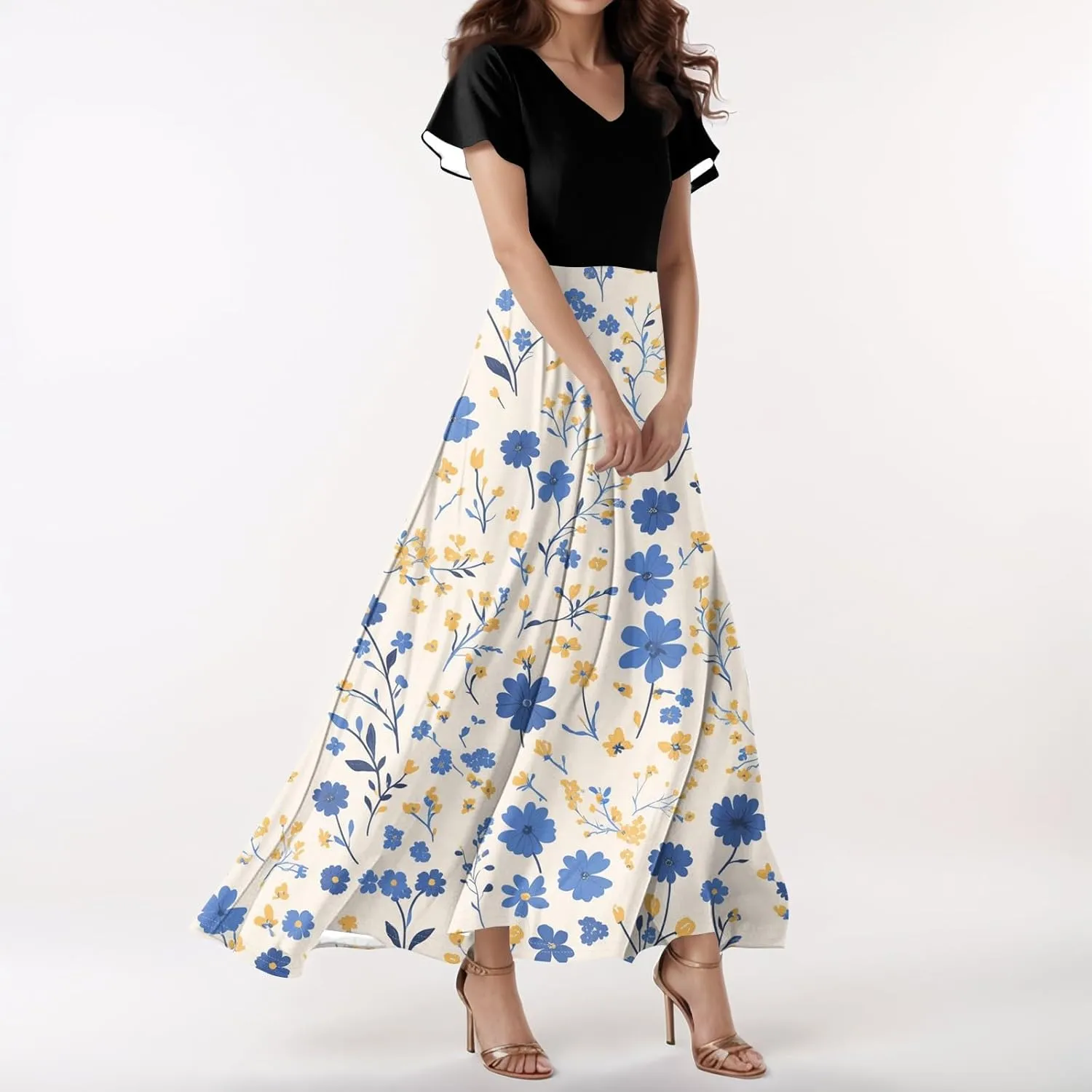 Dresses for Women 2025 Wedding Guest,Women's Loose Casual V-Neck Short Sleeved High Waisted Print Chiffon Dress