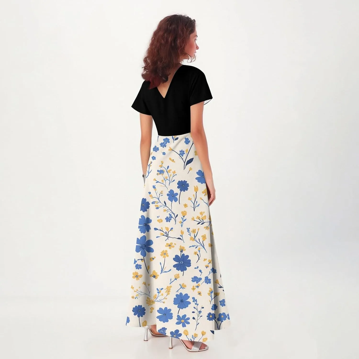 Dresses for Women 2025 Wedding Guest,Women's Loose Casual V-Neck Short Sleeved High Waisted Print Chiffon Dress