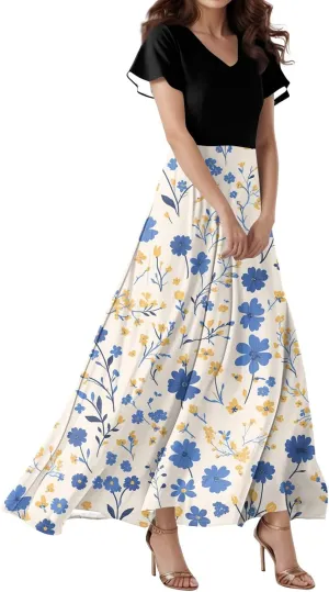 Dresses for Women 2025 Wedding Guest,Women's Loose Casual V-Neck Short Sleeved High Waisted Print Chiffon Dress