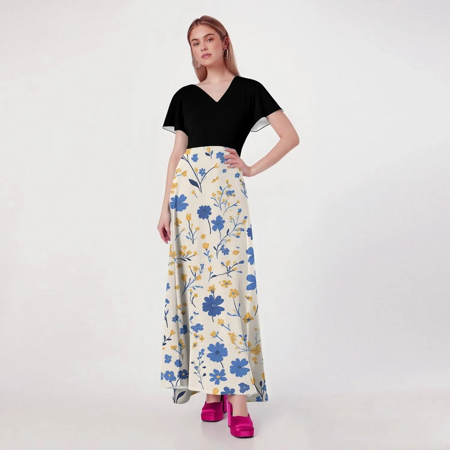 Dresses for Women 2025 Wedding Guest,Women's Loose Casual V-Neck Short Sleeved High Waisted Print Chiffon Dress