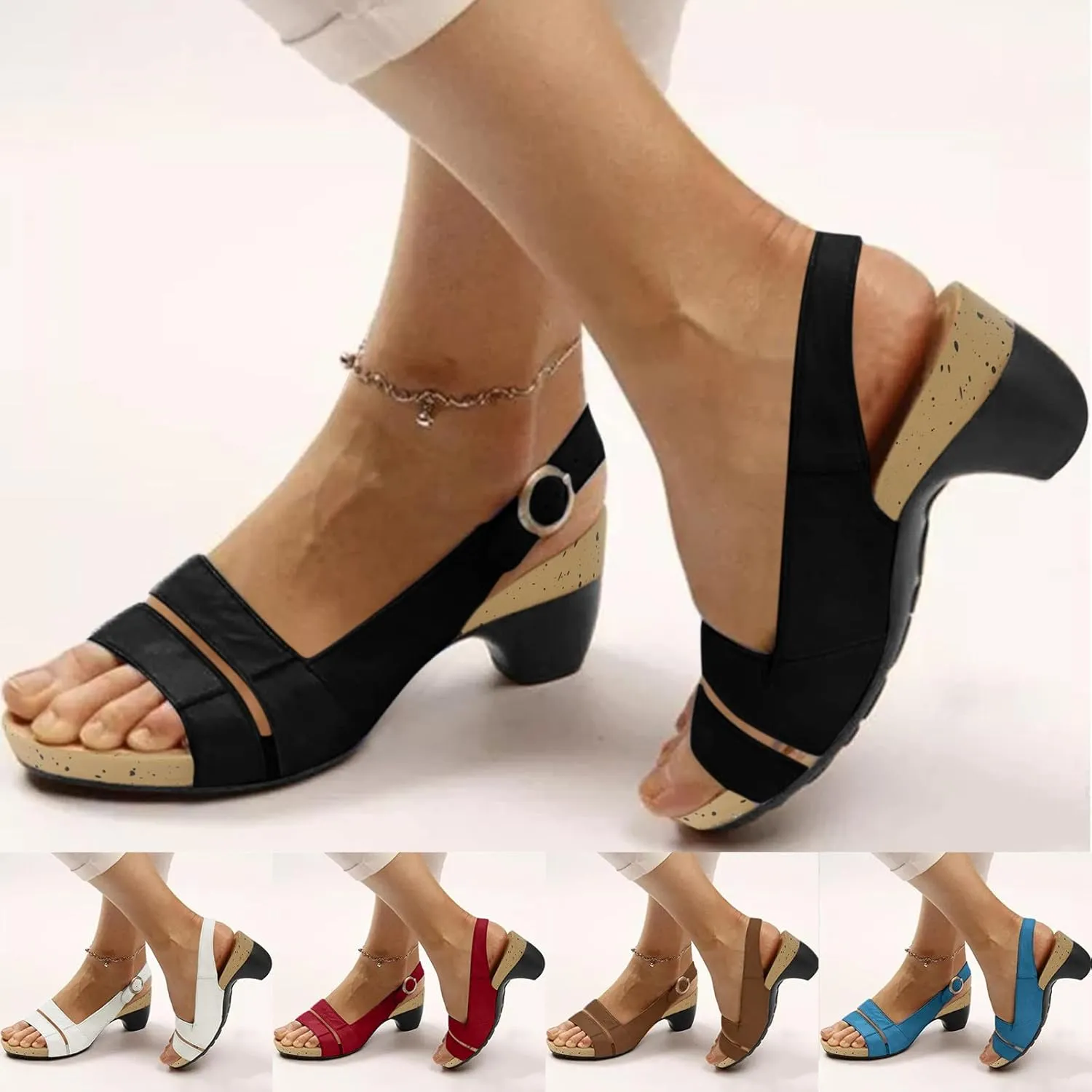 Eduavar Orthopedic Sandals for Women, Sandals Women Fashion Summer Casual Elegant Low Heel Sandals with Ankle Strap