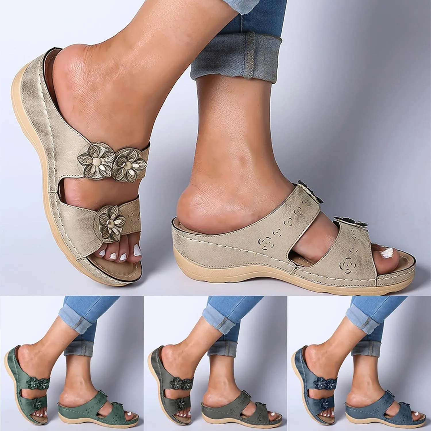 Eduavar Orthopedic Sandals for Women, Sandals Women Floral Leopard Print Sandals Peep Toe Wedge Sandals Comfy Slip On Shoes
